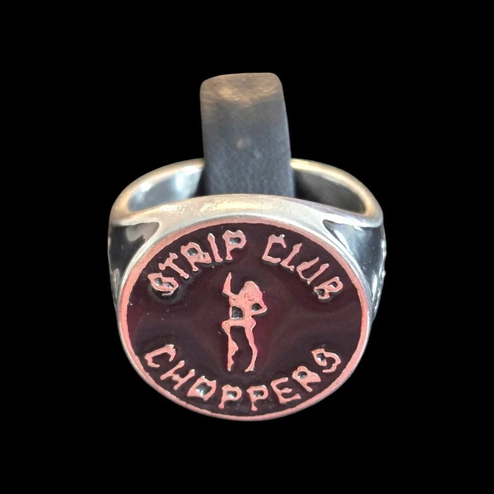 Strip Club‎ Choppers Biker Signet Ring Silver Tone Black Enamel Size 11